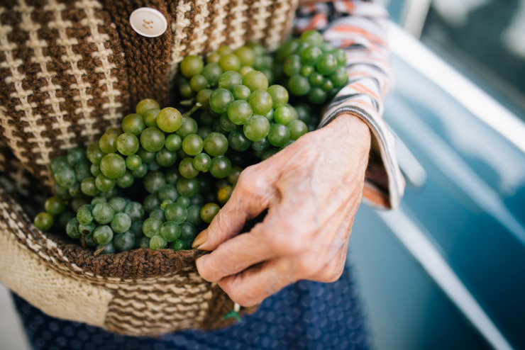 woman holding green grapes