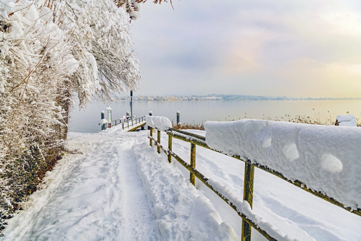 Fresh snowfall at a pier