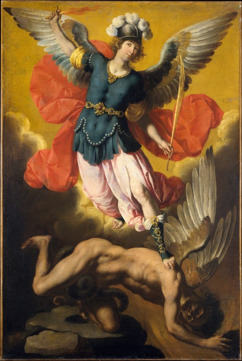 The angel Michael with winds expanded and holding a sword of fire is shown expelling Lucifer from Heaven 