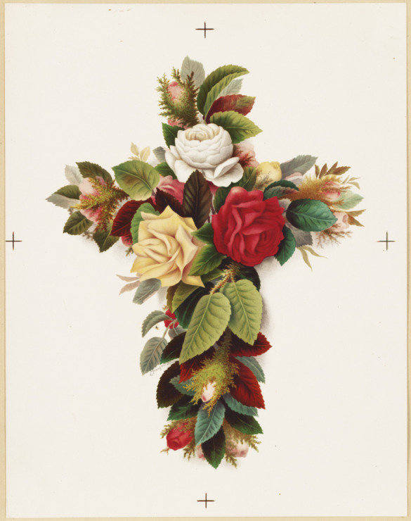 white, yellow, and red flowers form the shape of a cross. 