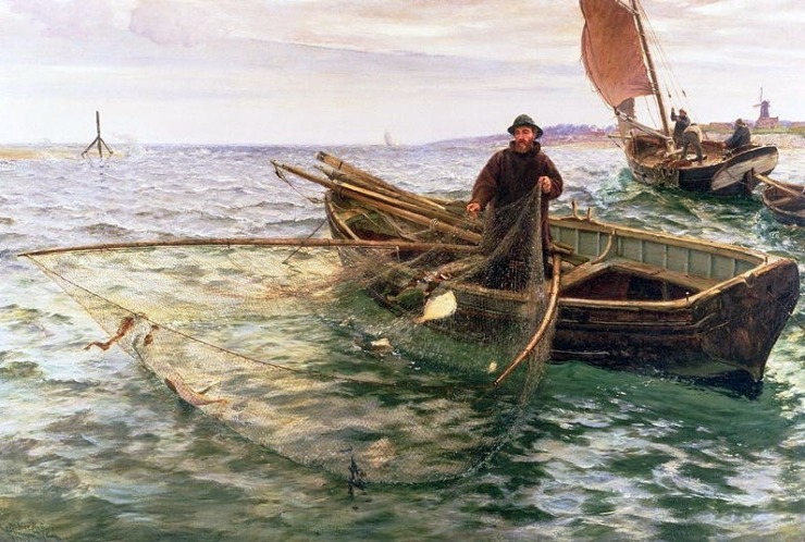 a fisherman on a small boat throws his net to the side of the boat