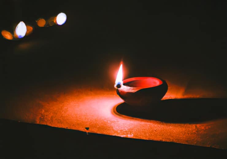 Lit diya lamp on street at night