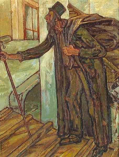 a man with a beard appears in a doorway holding a cane and a knapsack on his back 
