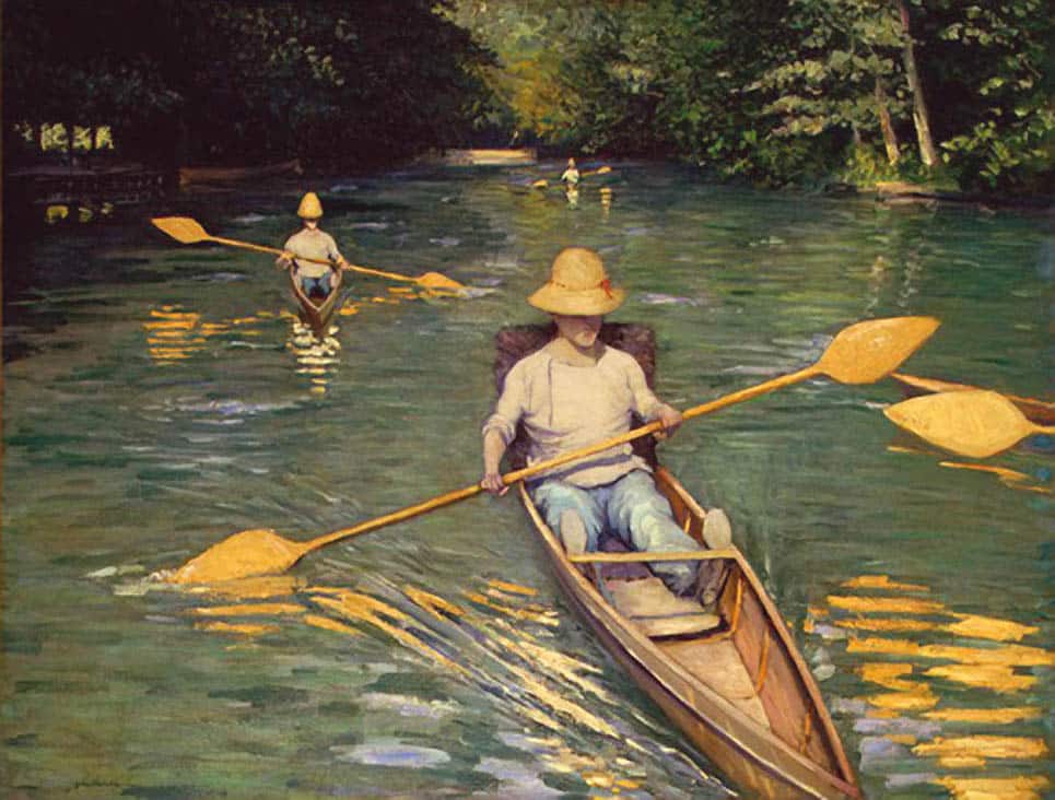 two men in their boats row with oars on the water 