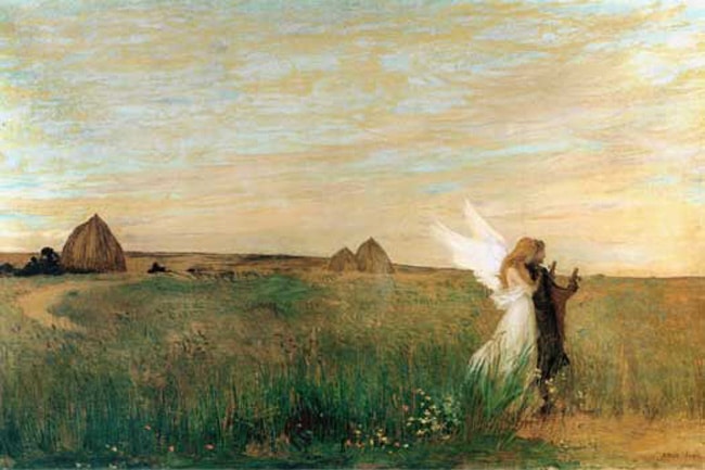 angel and figure in a field 