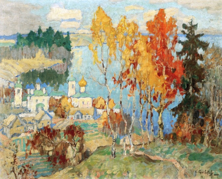 abstract graphic painting of autumn in a hillside city 