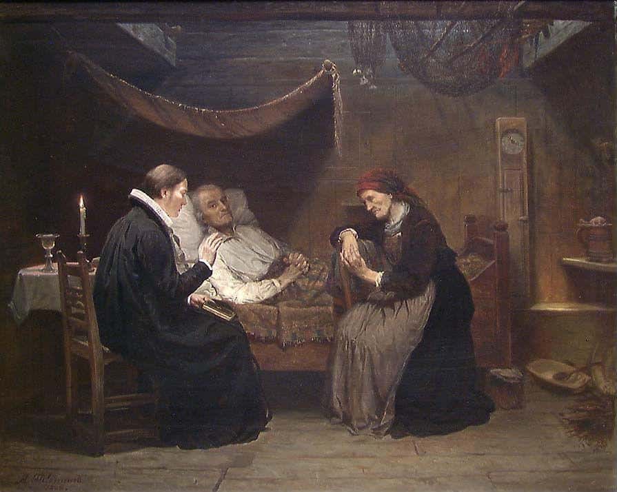 man on his deathbed with wife sitting at his feet and priest beside him reciting from scripture 