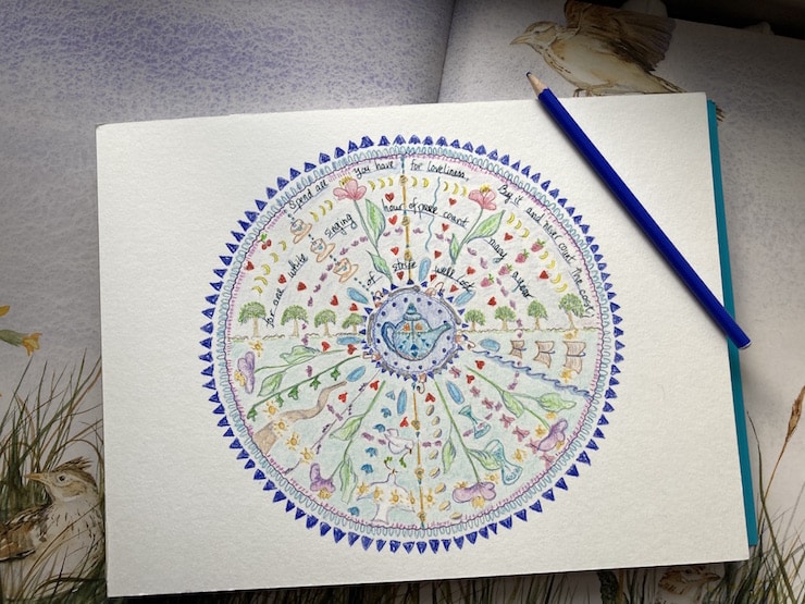 mandala teapot with blue pencil