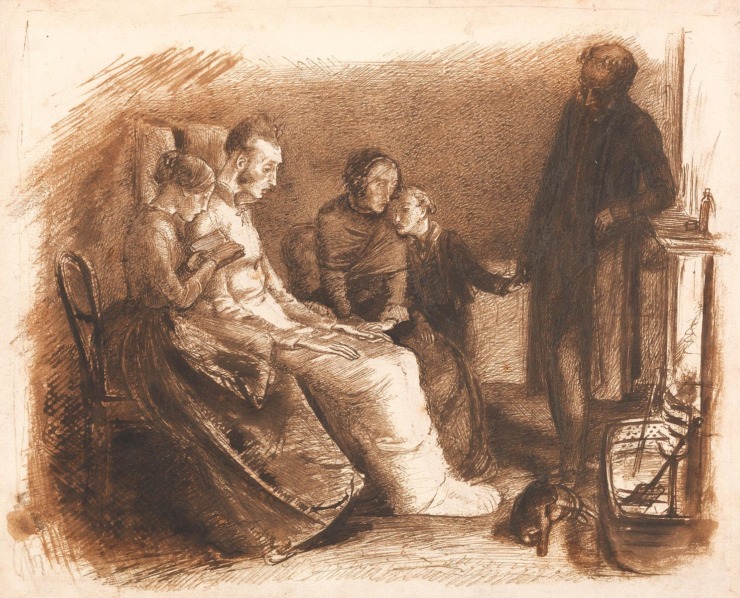 the family gathers around a dying man in a chair in front of the fireplace