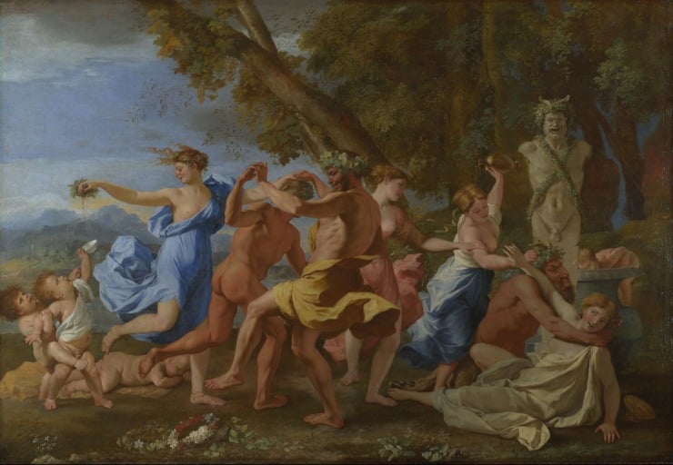a bacchanalia scene with the statue of Pan in the background 
