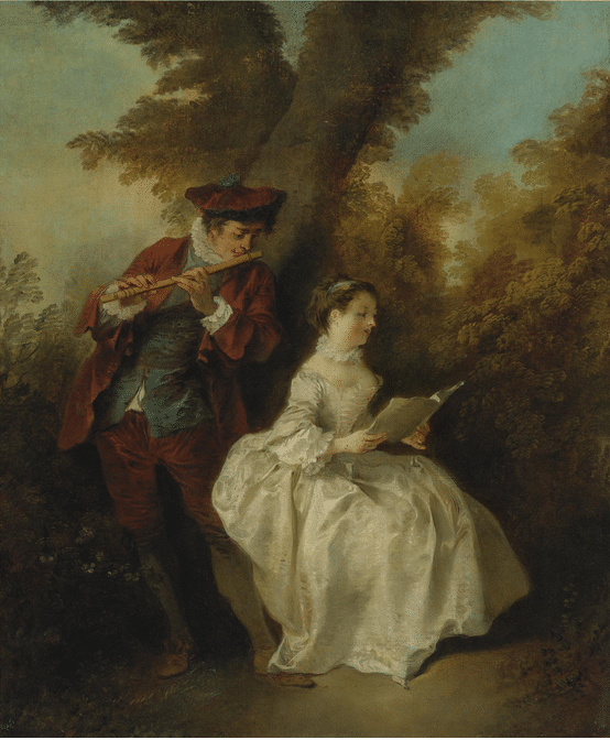 boy playing the flute and a seated girl is singing