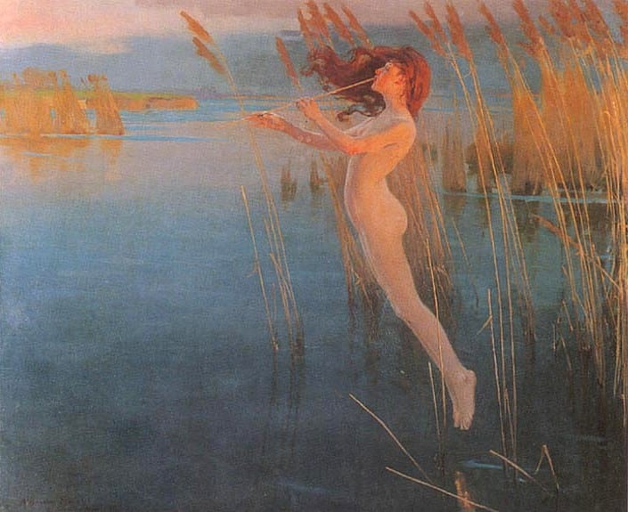 woman nymph playing the reed flute plays with her toes just above the water