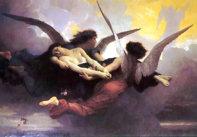two angels carry a woman to heaven