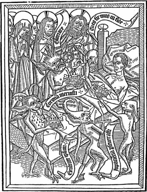 drawing of a man on their deathbed with priests and demons surrounding him 